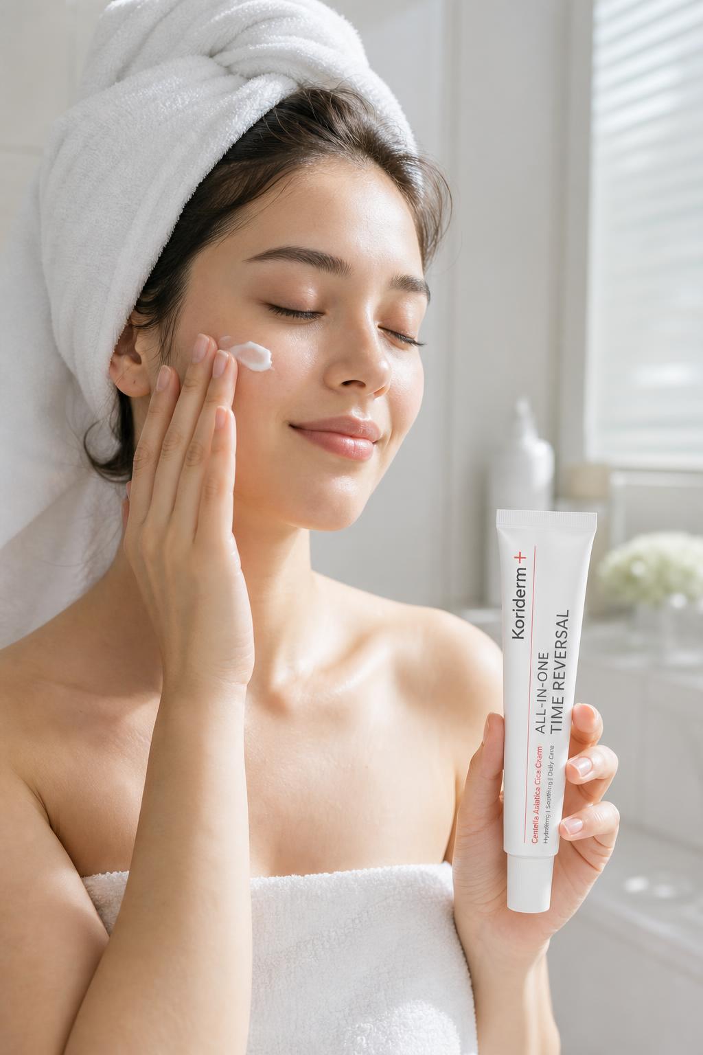 Mujer aplicando Koriderm Time Reverse Cica Cream