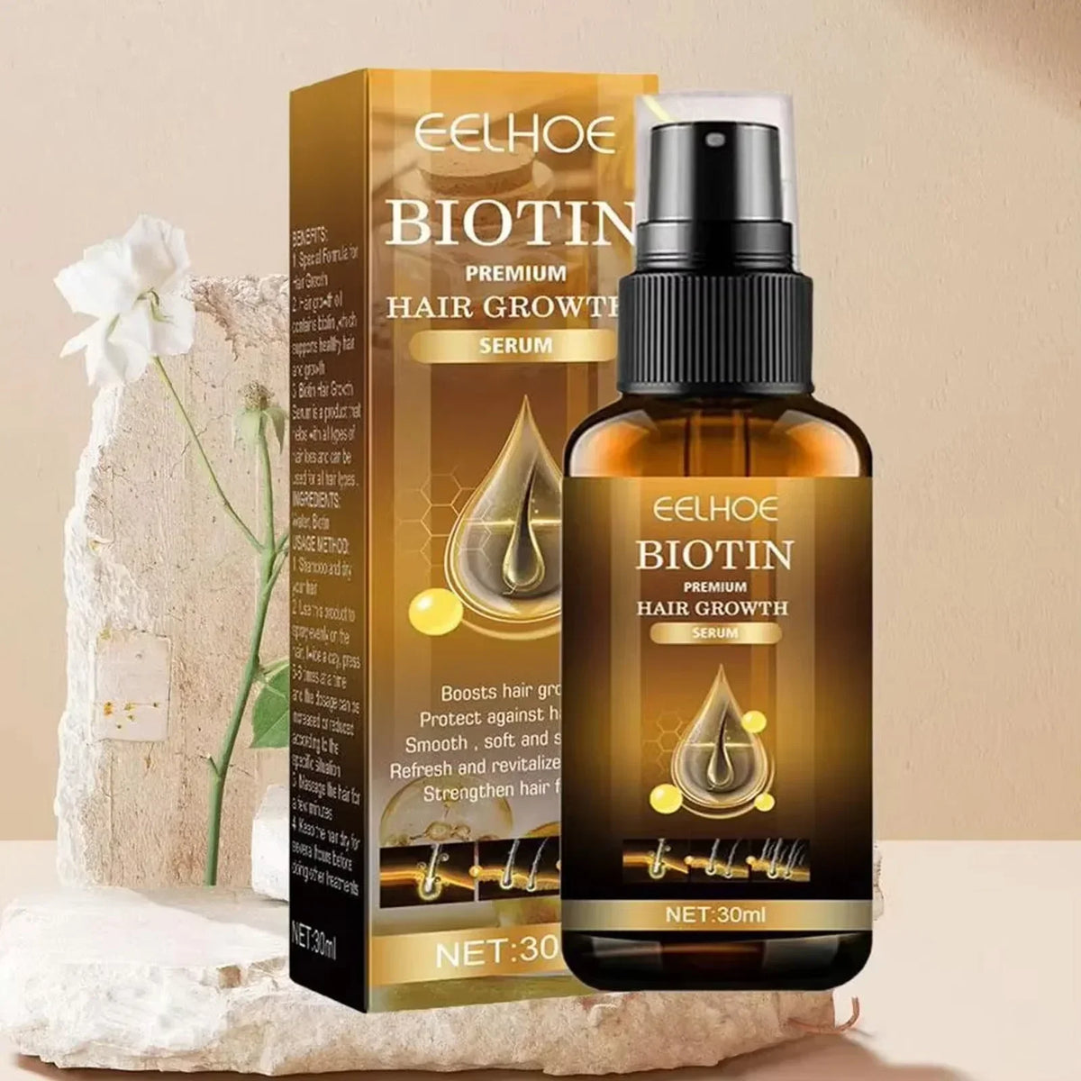 Sérum capilar de biotina de 30 ml con su caja
