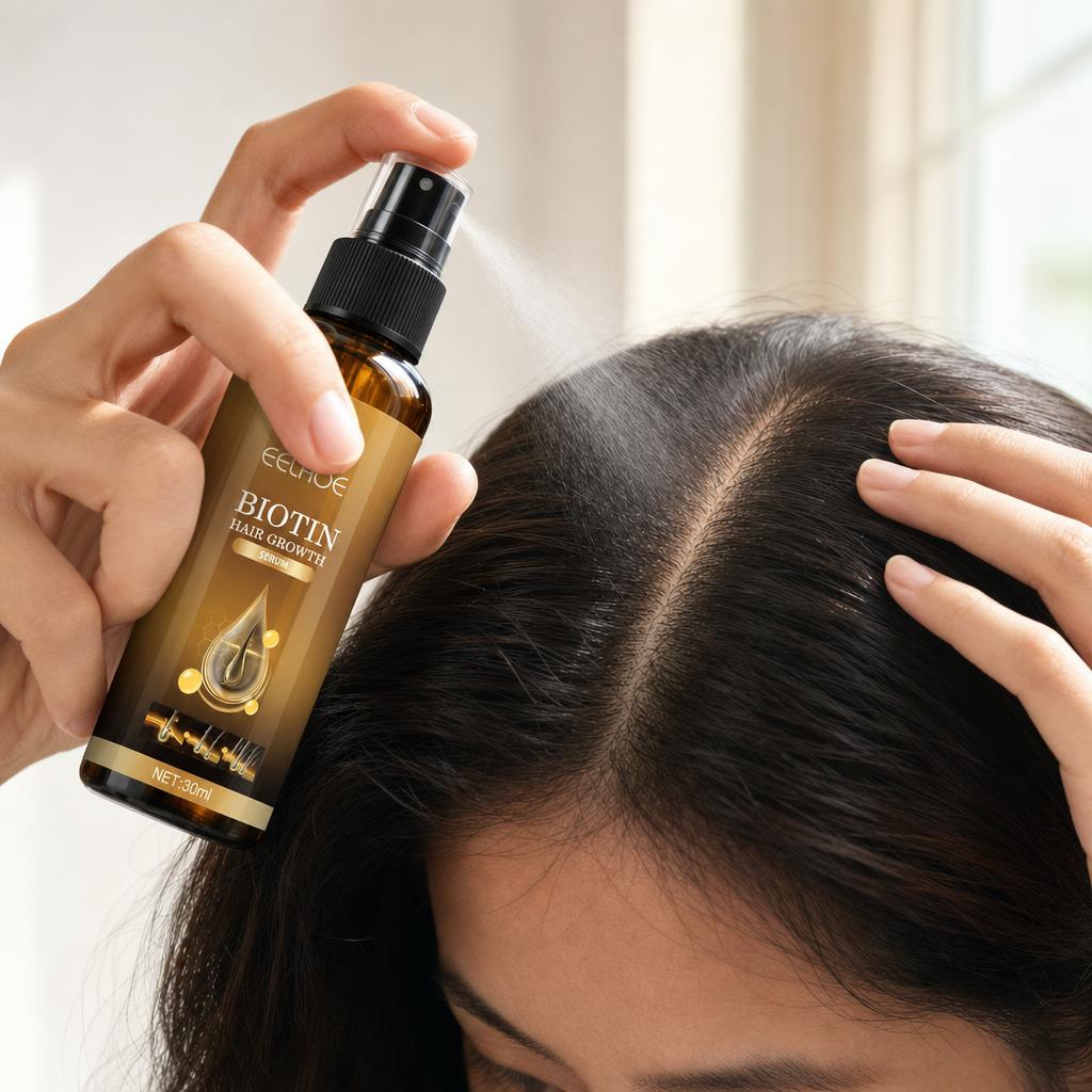 Mano aplicando el sérum de biotina en spray en la raíz del cabello