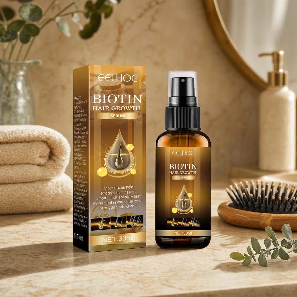 Sérum capilar de biotina Densidad+ con su caja en un baño elegante