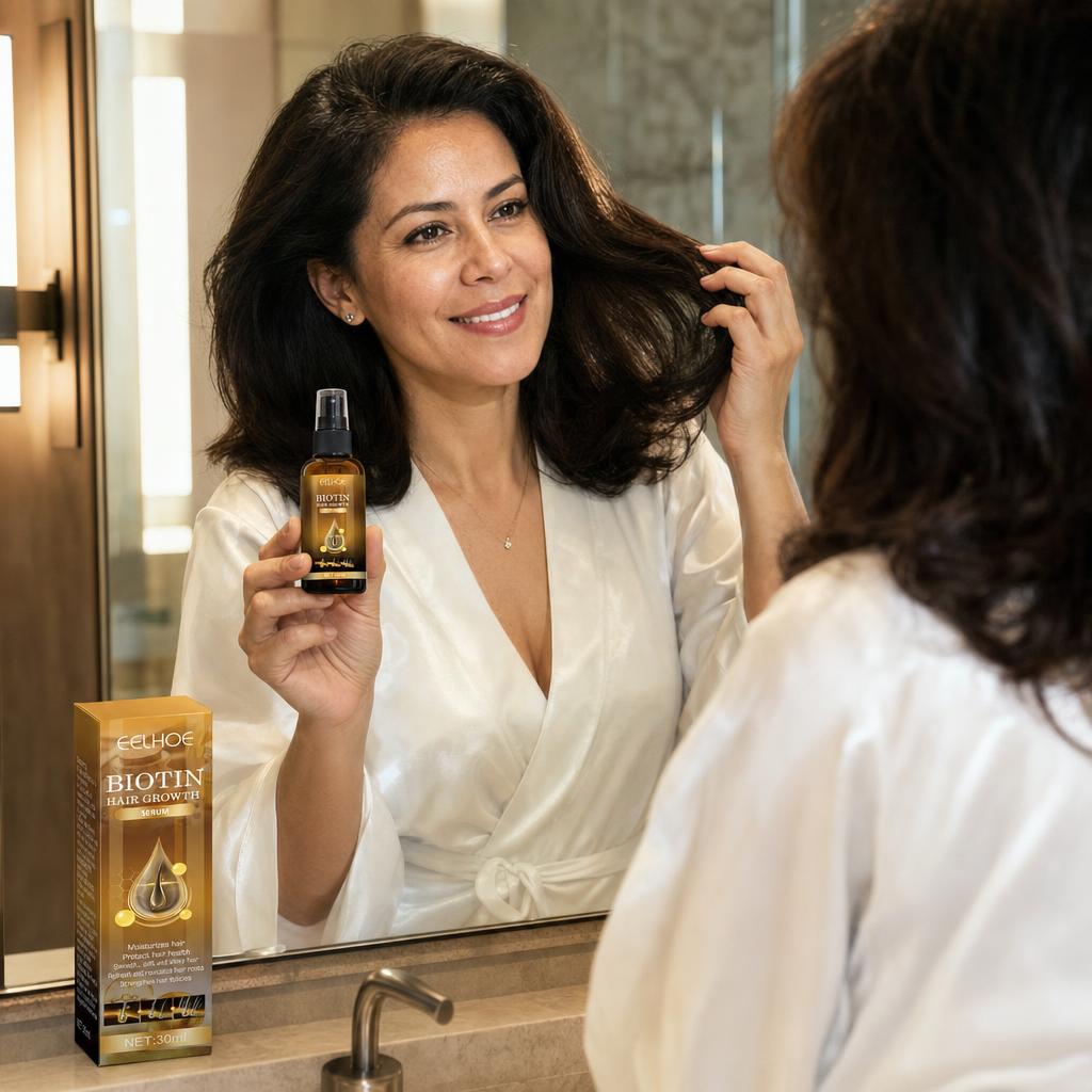 Mujer de cabello abundante sosteniendo el sérum capilar de biotina frente al espejo
