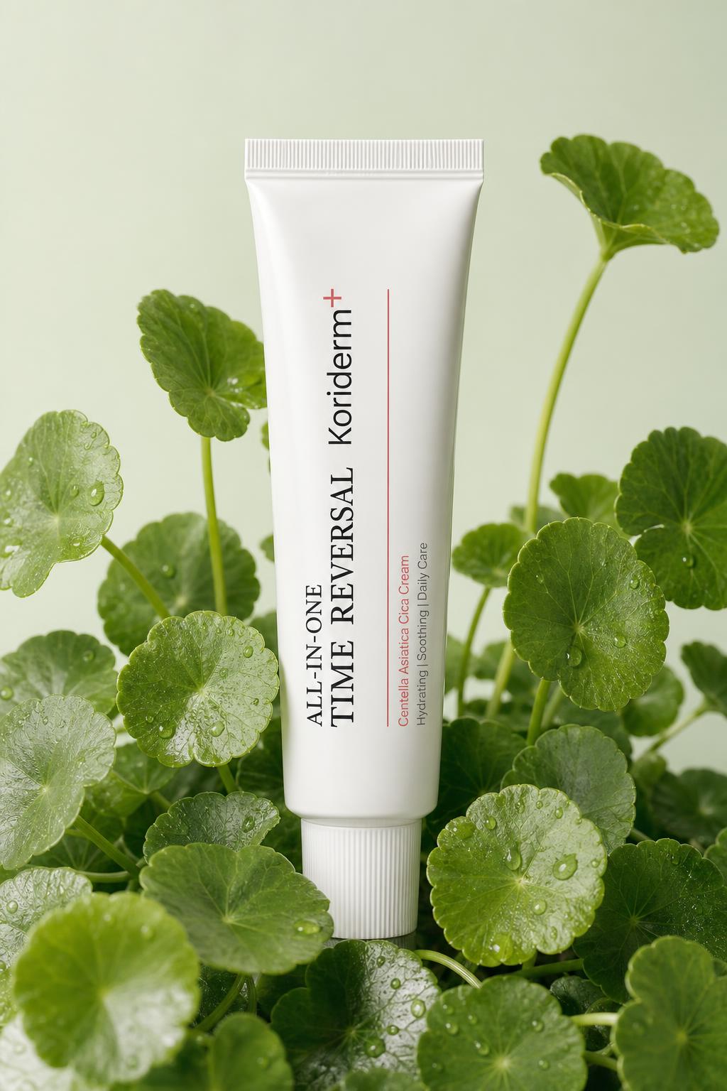 Koriderm Time Reverse Cica Cream entre hojas de Centella asiática